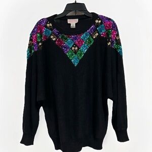 VTG 80-s Black Sequin Colorful Christmas Sweater Women’s Size 24W - 3X